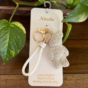 Natasha Couture Iridescent Crystal Teddy Charm with White Braided Strap